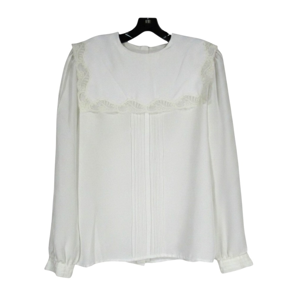 VTG KELLY SCOTT White SATIN Button-Back LACE TRIM COLLAR Pleated BLOUSE/TOP 12